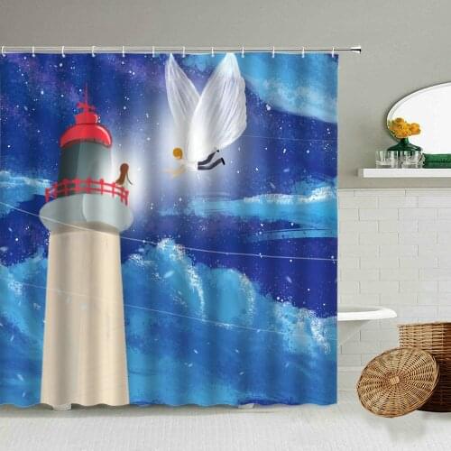 Fantasy Cartoon Lighthouse Blue Starry Sky Shower Curtain Boy Girl Angel Night View Bathroom Wall Decoration Waterproof Screen