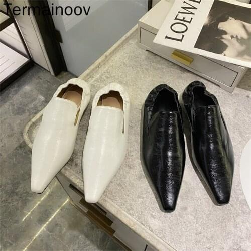 Termainoov Women Flats Fashion Pointed Toe Patent Leather Womens Flats Mules White Black Concise Dress Shoes