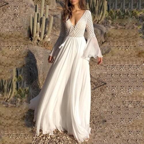 2021 Women Long Flare Sleeve V Neck White Hollow Boho Lace Maxi Dress Female Holiday Chic Summer Bohemian Beach Dress