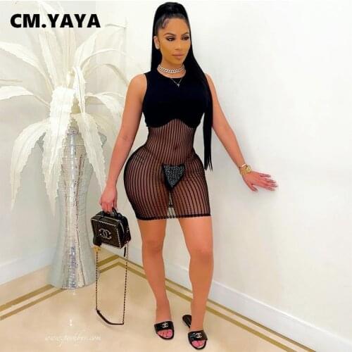 CM.YAYA Women Mini Dress Patchwork Mesh See-through Sleeveless O-neck Sheath Elastic Dresses Sexy Night Club Party Dress Summer