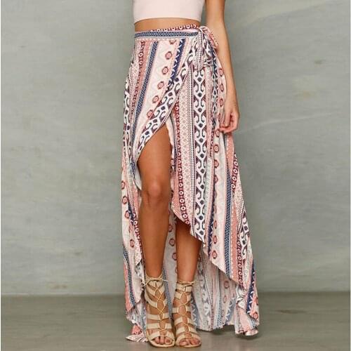 Women Summer Beach Dress Skirt Boho Chiffon Printing Bandage Split Long Maxi Skirts Vintage Irregular Cover-up Dress