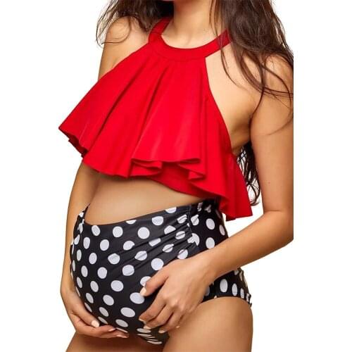 2020 Plus Size Bikini For Pregnant Women Red Solid Ruffled Bikini Top With White Dots Black High Waist Bikini Bottom Swimwear