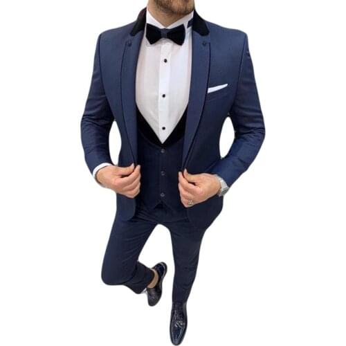 New Design Dark Blue Tuxedos Men Suits Business Costume Homme Grooms Wedding Tuxedos Terno Masculino Slim Fit Prom Blazer 3 Pcs