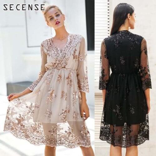 S1SENSE V Neck Long Sleeve High Waist Casual Dresses Blouse Sequined For Party Wedding Sexy Mesh Street Wear Mini Dress Female
