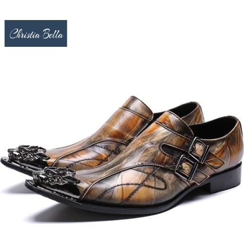 Christia Bella Italian Metal Pointed Toe Men Shoes Genuine Leather Business Shoes Plus Size Wedding Formal Shoes Male Oxfords
