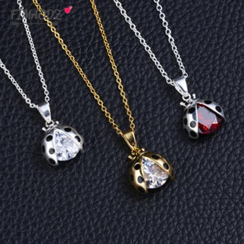 FIMAODZ Fashion Tiny Ladybug Necklace Red Insect 3 Color Sweater Chain Cute Crystal Pendant Long Necklaces Kids Birthday Gift