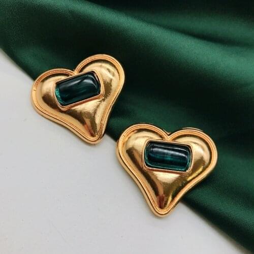 Big Heart Earrings Clip-on Green Stone Alloy Exaggerate Statement Ear Clips Hollow