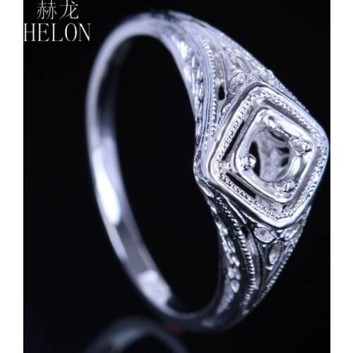 HELON Real 925 Sterling Silver Art Nouveau Antique Jewelry Semi Mount Round Cut 3.5-4mm Filigree Trendy Women Ring Prong Set
