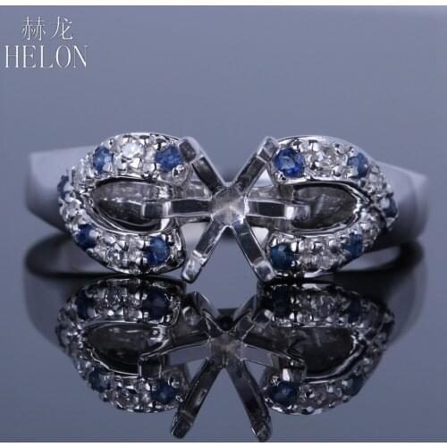 HELON Round Cut 6.5mm Solid 14K White Gold Pave Genuine Natural Diamonds Sapphires Gemstone Semi Mount Engagement Wedding Ring