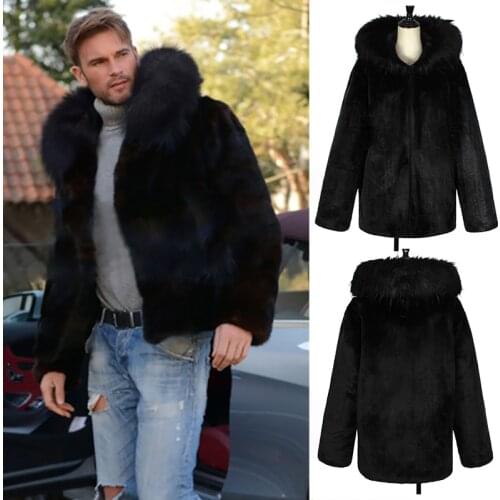 Fashion MenS Faux Fur Coat Autumn Winter Thick Warm Tough Guy Artificial Fur Collar Hooded Jacket Male Fluffy Coats 2021