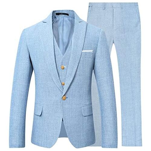 Sky Blue Linen Blazer Masculino Costume Mens Suits Fashion Custom Groom Tuxedo Wedding Suits For Men (Jacket+Pants+Vest+Tie)