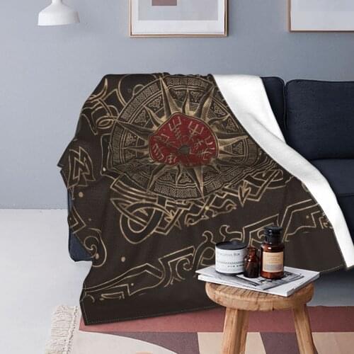 Vegvisir Vikings Compass Ornament Blanket Fleece Norse Runes Portable Lightweight Throw Blankets for Bed Bedroom Bedding Throws
