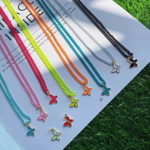 5PCS, Fashion Colored Butterfly Pendant Necklace For Women Female Curb Chain Necklace Jewelry Gift