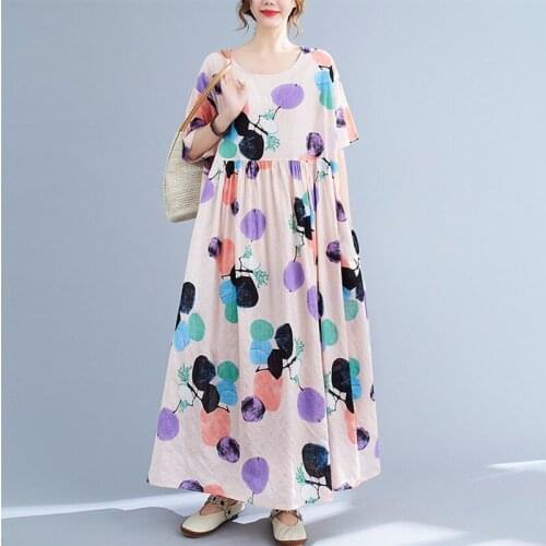 Oversized Women Summer Loose Casual Maxi Dress New Arrival 2021 Vintage Style O-neck Print Female Cotton Linen Long Dresses B596