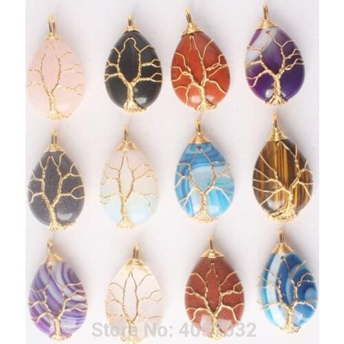 37x25MM 11 Colors Crystal Stone Water Drop Handmade Wire Winding Life Tree Plated Gold Pendant 1PCS (No Chain)