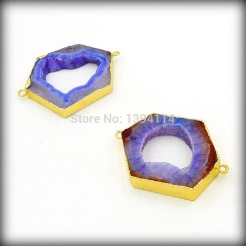 Red/Yellow/Purple/Blue/Green Agat e Geode Hexagon Connectors Of 24k Gold Cladding Approx 40*25 mm