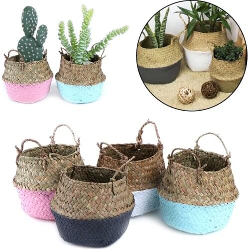 3 Sizes Foldable Laundry Basket Plants Flower Pot House Decor Straw Patchwork Storage Baskets Wicker Rattan Seagrass Organizer