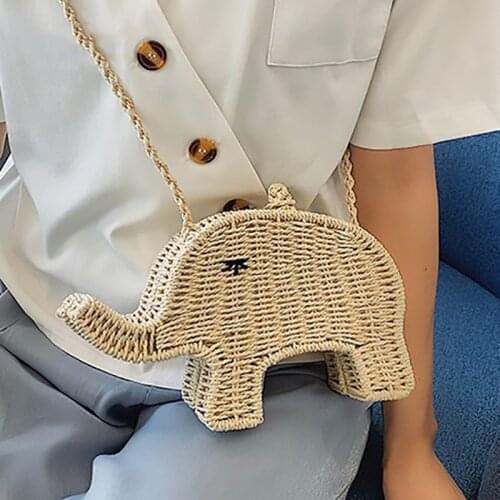 Cartoon Animal Elephant Shape Straw Bag Handmade Handbag Womens Shoulder Messenger Bag Beach Woven Mini Cute Crossbody Purse