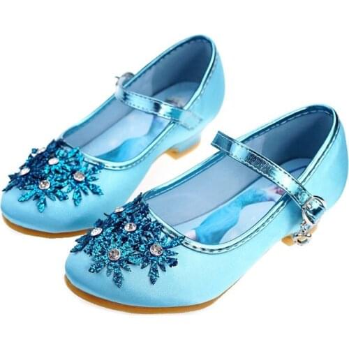 Girls Round Toe Mary Jane Leatherette Hight Heel Flower Girl Shoes With Imitation Satin Flower frozen Shoes 603-3