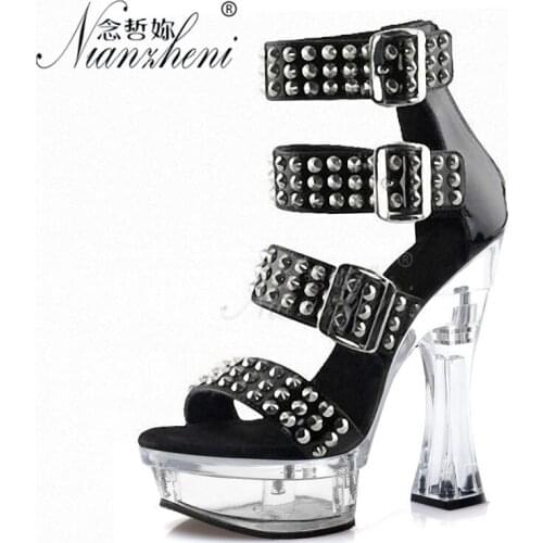 6 inches Super High heeled shoes Roman Hollow Metal Rivet Gothic Narrow band 14cm Spool heels Nightclub SandalsLady Pole dancing