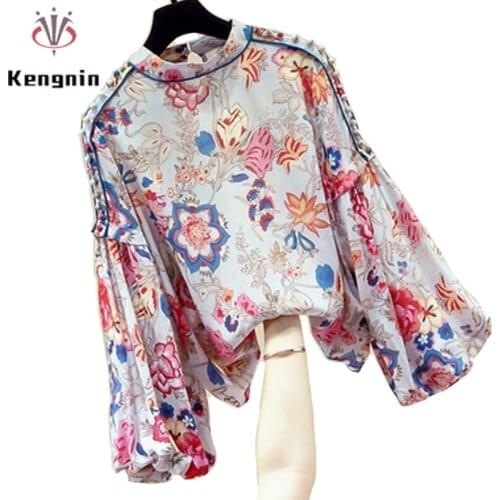 2021 Autumn Fashion Womens Shirts Print Floral Office Lady Work Blouses Long Lantern Sleeve Chiffon Tops Female Clothing KN257