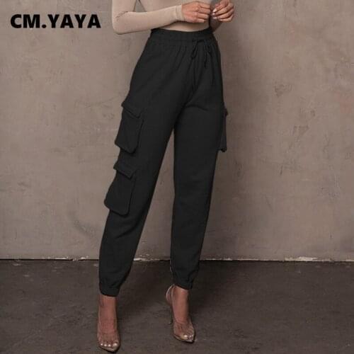 CM.YAYA Women Pants Solid Drawstring Waist Pockets Loose Long Pencil Pants Female Fashion Casual Streetwear Jogger Trousers 2021