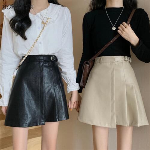 Women Skirts Solid High Waist Pleated PU Designer Irregular Korean Style Trendy Daily All-match Popular Streetwear Female Summer