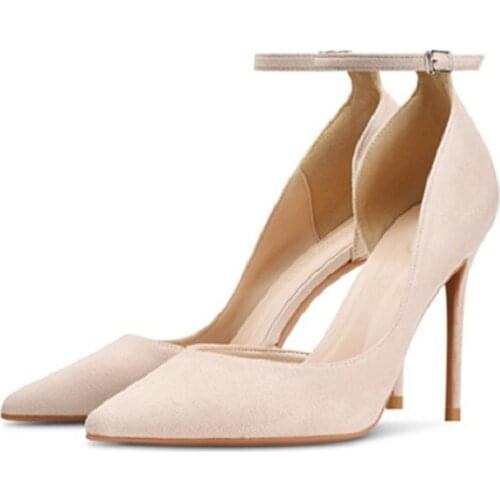 Spring and summer new pointed toe side air buckle stiletto heel suede sandals banquet dress large size custom womens shoes