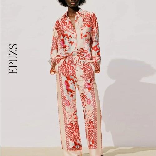 Vintage flore Print Shirt sets 2021 Spring satin blouse Ladies long pants Suits Ladies 2 piece sets Beach Women Outfit