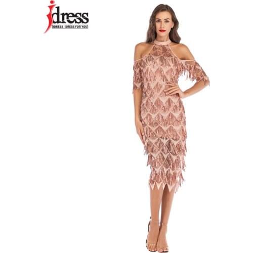 IDress New Arrival Women Dress Sexy Tassel Sequined Dress Blue Gold Halter Neck Sleeveless Sheath Bodycon Club Party Dresses