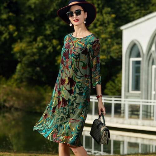 2021 New Spring Summer Women Dress Print Imitated Silk Womens Fashion Loose Flower embroidery Dress Plus Size 5XL Vestidos 227