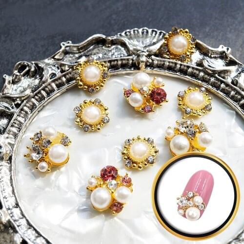 10pcs/lot 3D Alloy Crystal Pearl Nail Art Gold Metal Rhinestone Round Manicure Nail Art Accessories DIY Nails Decoration Charms