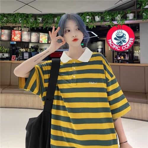 2021 Summer Oversized Female Polo Striped Japanese Short-Sleeved t-Shirt Female Korean Fashion Loose Harajuku Kawaii Womens Top