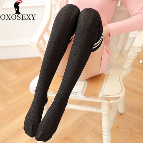 7 color Black white Stripe Knitted Cotton student stockings Women High Over The Knee Thigh High stockings sexy lingerie 044