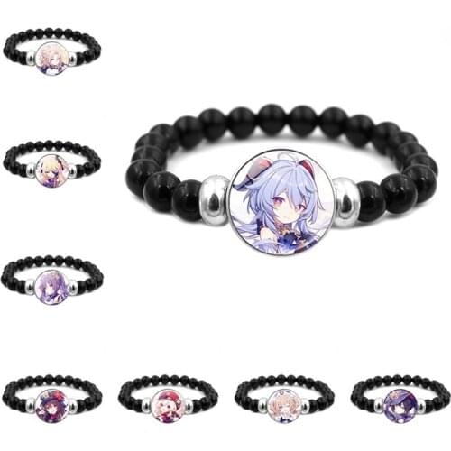Anime Figure Genshin Impact Snap Button Bracelet for Men Jewelry Cosplay Gift Elasticity Rope Black Beads Bracelet Women Gift