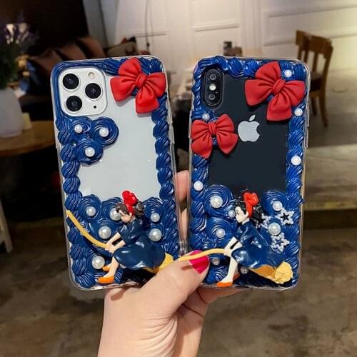 Handmade Case For iPhone 12/11 pro max DIY Phone Cover ip6/6s+ 7/8 plus Bowknot Girl XS MAX iP SE2020 Cute Cream Shell + Holder