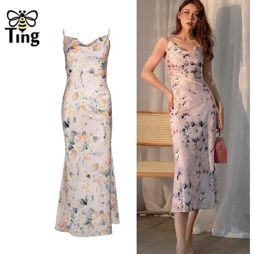 Tingfly Vintage Elegant Satin Floral Silkly Brandy Aesthetic Midi Long Dress Women Sexy Strap Club Night Party Dresses Elbise Za