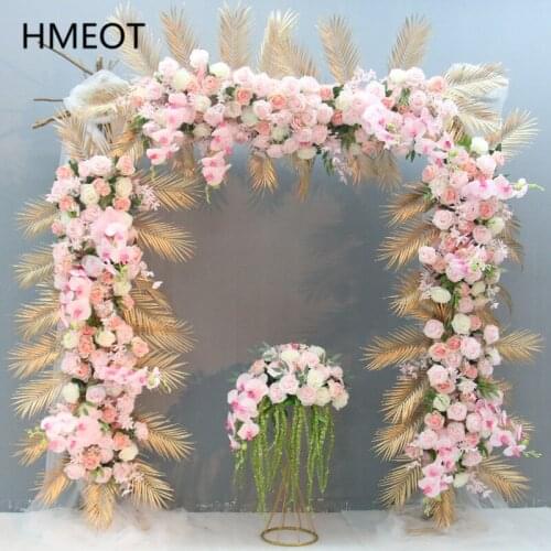 Custom Pink Rose Orchid Gold Leaf Artificial Flower Row Arrangement Decor Wedding Arch Backdrop Table Flower Party Scene Layout