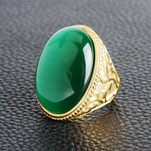 Gold Color Stainless Steel With Giant Pigeon Egg Cats Eye Stone Rings USA Size Male / Female Alliance Custom Made Accepted