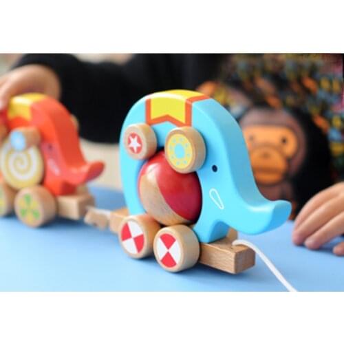 Cute Elephant Circus Baby Educational Wooden Toy Pull The Cart Baby Toddler Toys