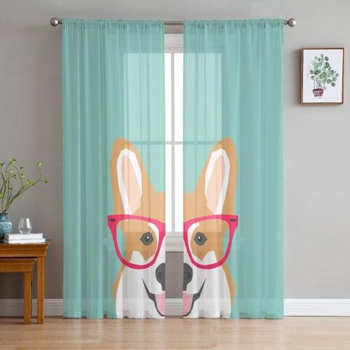 Corgi Cartoon Doggeometric Glasses Tulle Curtain Voile Transparent Tulle for Bedroom Living Room Kitchen Sheer Window Curtains