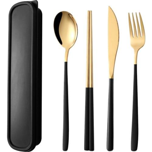 4Pcs/set Portable Cutlery Kit 304 Stainless Steel Gold Picnic Dinnerware Set Knife Fork TravelTableware Chopsticks with Gift Box