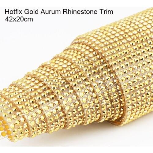 New! 42x20cm Hotfix Flatback Gold Aurum Rhinestone Trim Sticker Self Adhesive Resin Rhinestone Mesh Sheet For DIY Accessories