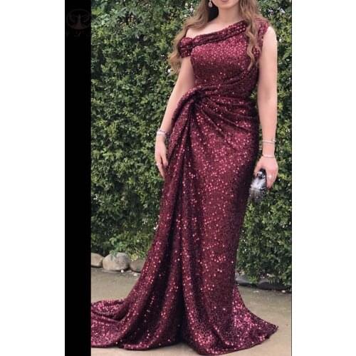 New Arrival One Shoulder Pleated Short Sleeve Bling Bling Straight Floor Length Burgundy Prom Dresses