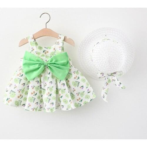 Baby Girls Clothes Casual Kids Girls Princess Dresses with Hat Sweet Flower Print Bow Toddler Lightweight Outfits Infant Clothes