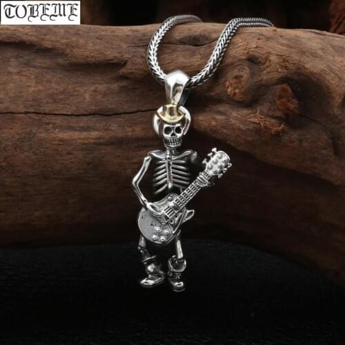 100% 925 Silver Skeleton Pendant Necklace 925 Sterling Skull - Guitar Rock Pendant Necklace Hip Hop Pendant Necklace