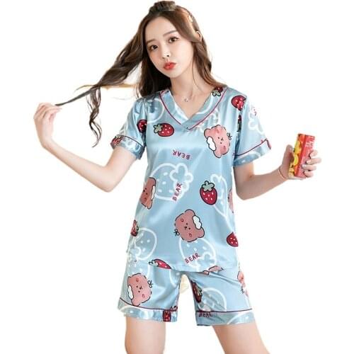 Short Sleeve Pajamas Silk Set 2 Pcs Women Sleepwear Shirt Nightwear for Women Short Top Pant Home Wear Young Girl Pyjamas