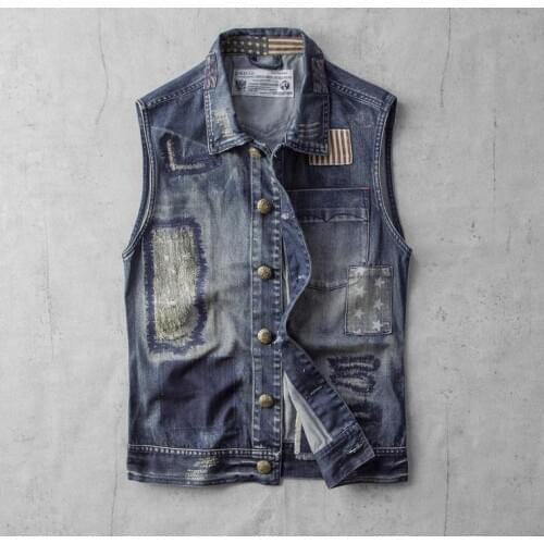 Blue Denim Mens Vintage Classic Biker Motorcycle Vest Retro Patch Ripped Slim USA Flag Jeans Sleeveless Jackets Drop Shipping