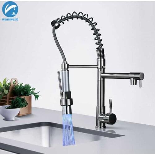 LED Kitchen Faucet Spring Pull Down Dual Spray Spout Kitchen Mixer Tap Brushed Nickel Deck Mounted Kitchen Single Handle Mixer