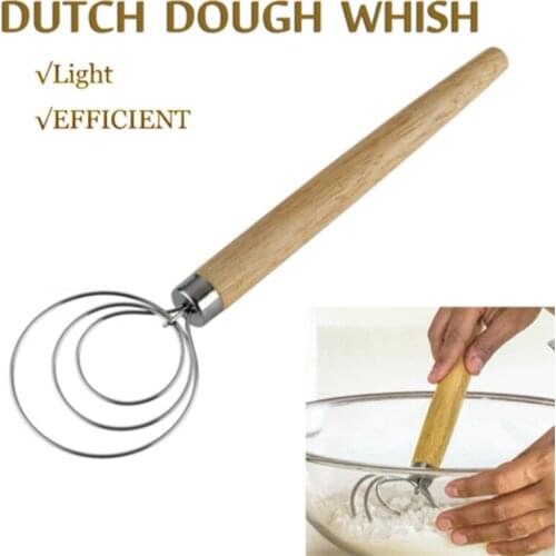 Stainless Steel Egg Beater Flour Coil Agitator Danish Whisk Stick Oak Wood Handle Blender DIY Bread Dough Bakeware Gadget